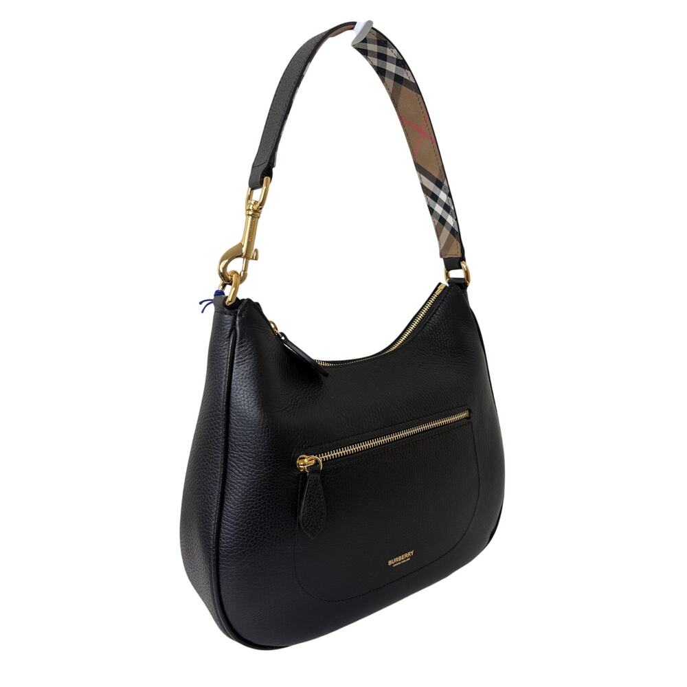 Burberry Black Pebbled Leather with Check Shoulder/hobo bag New - Picture 4 of 10